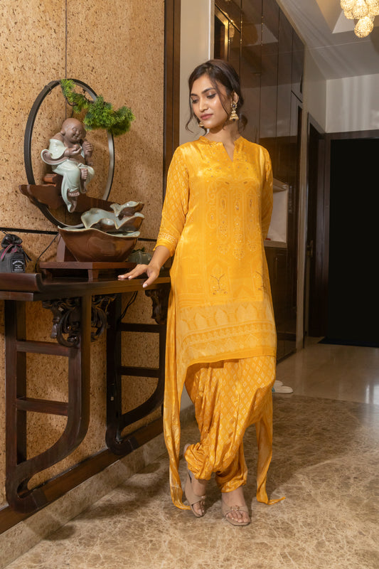 YELLOW DIGITAL PRINTED TALE CUT CO-ORD SET