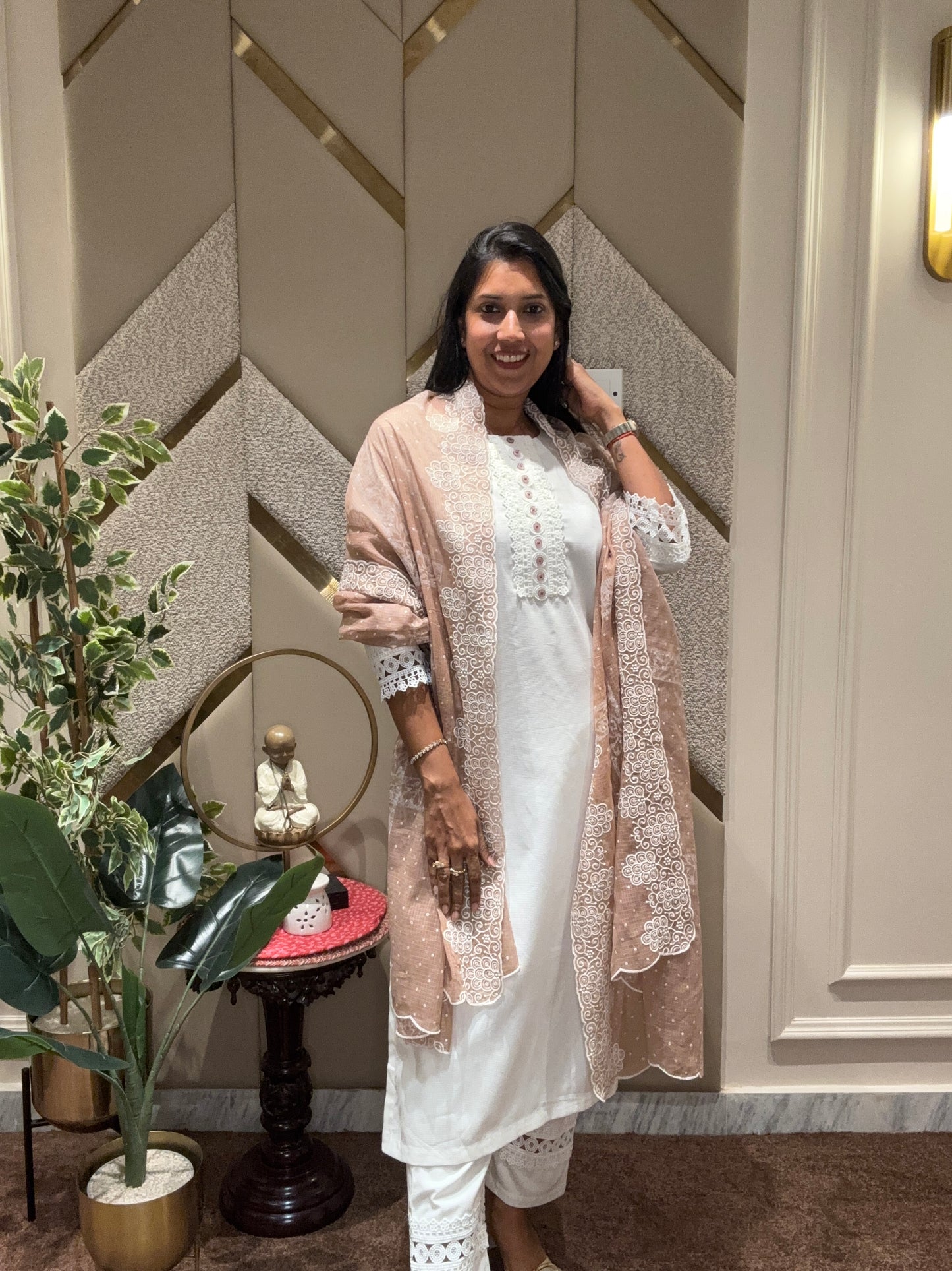 WHITE CONTRAST DUPATTA LACED KURTA SET