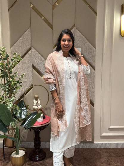 WHITE CONTRAST DUPATTA LACED KURTA SET