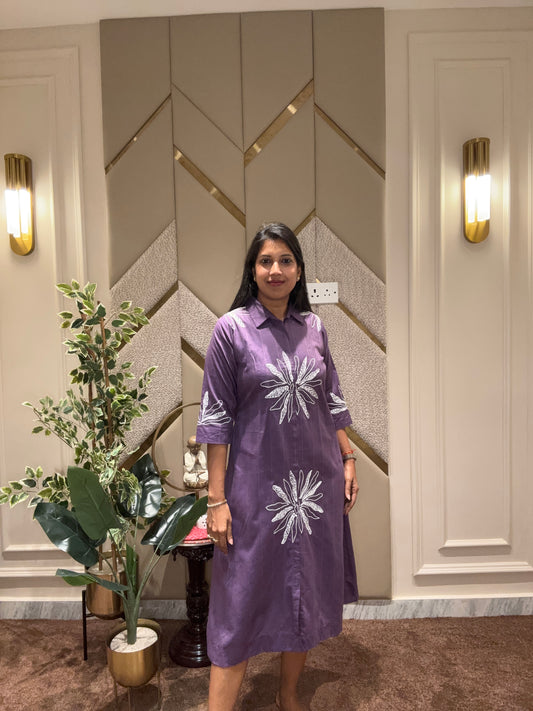 PURPLE THREAD EMBROIDERED ALINE DRESS
