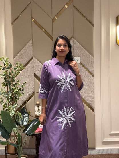 PURPLE THREAD EMBROIDERED ALINE DRESS
