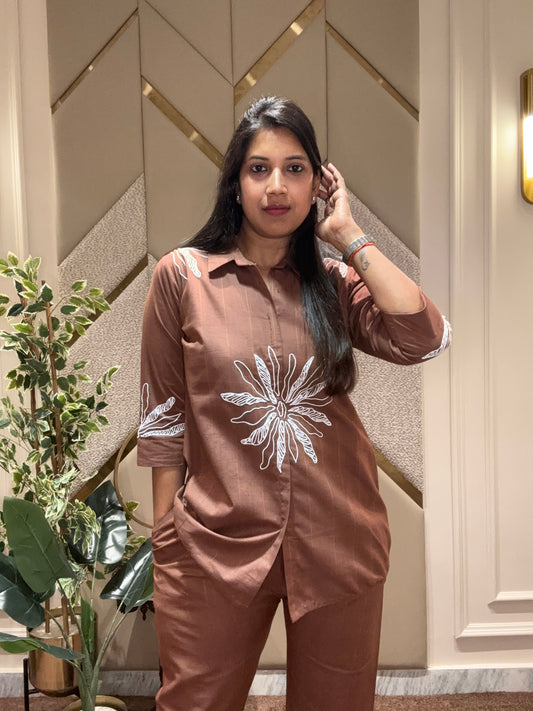 BROWN FLORAL THREAD EMBROIDERED COORD SET