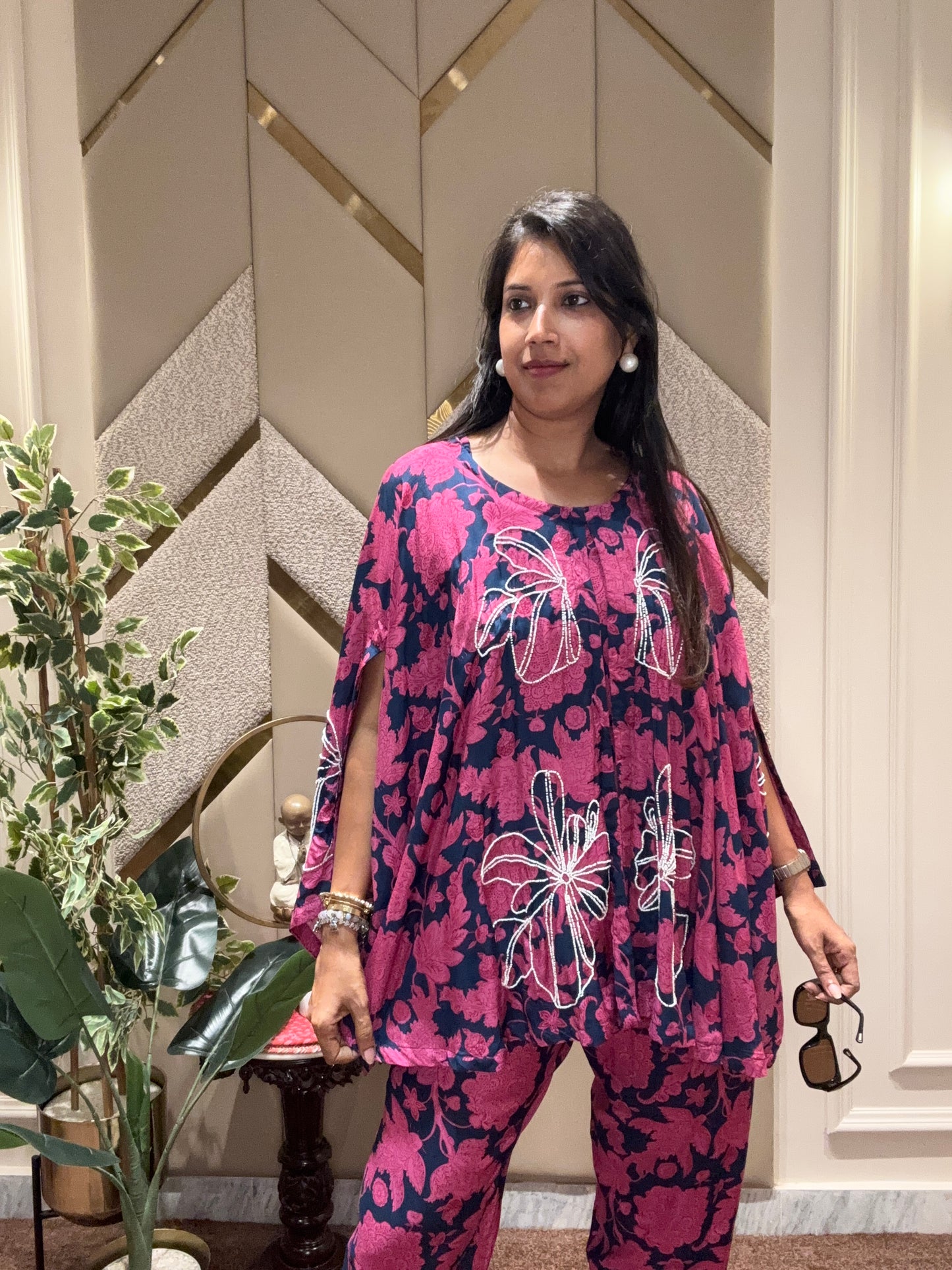 PINK BEADS DETAILING COORD SET WITH JACKET