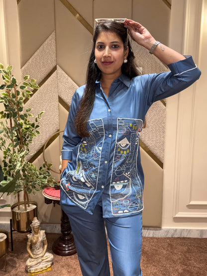 DENIM CHAMBRAY EMBROIDERED COORD SET