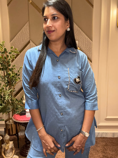 DENIM BLUE POCKET PATCHED COORD SET