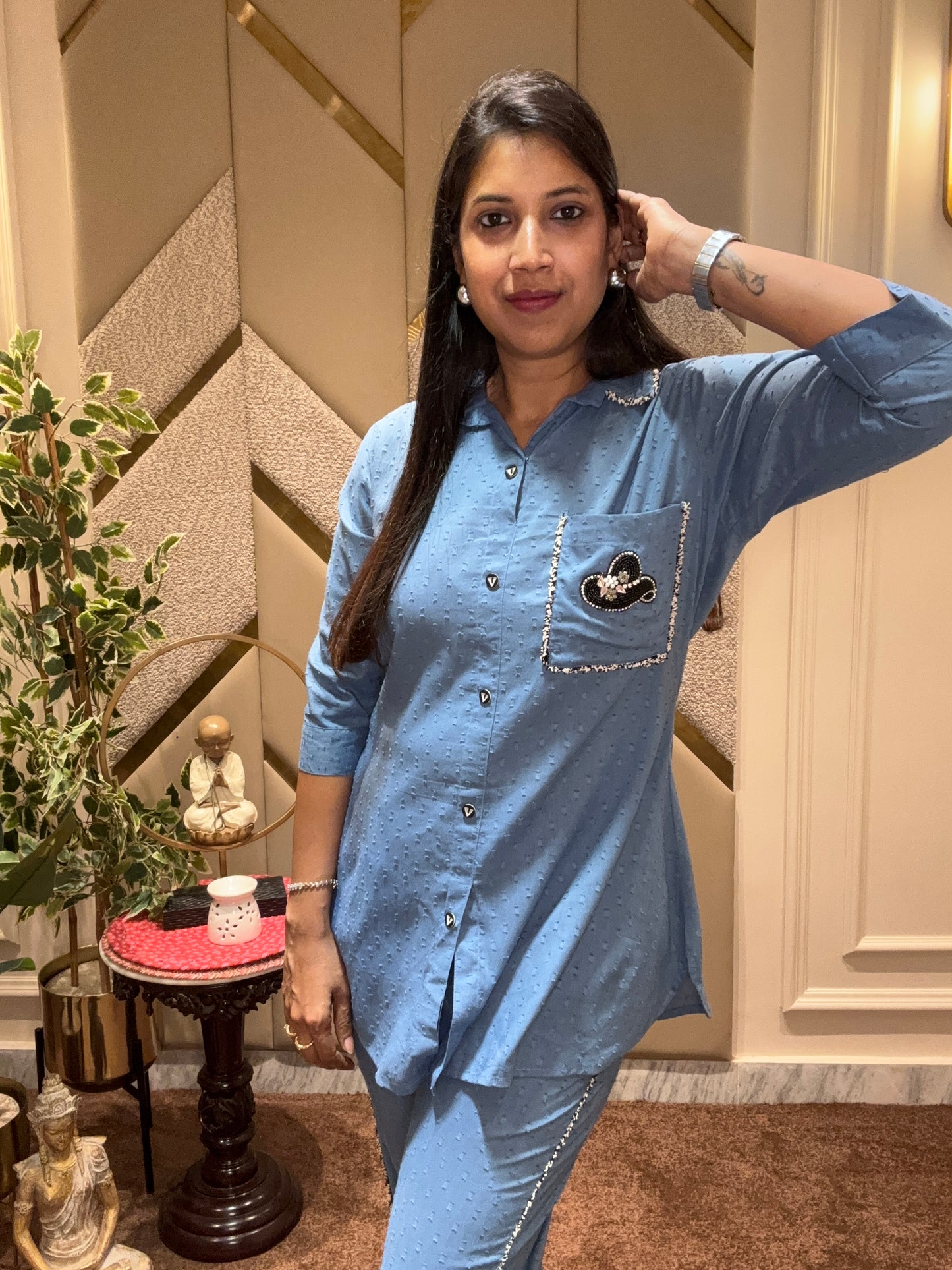 DENIM BLUE POCKET PATCHED COORD SET