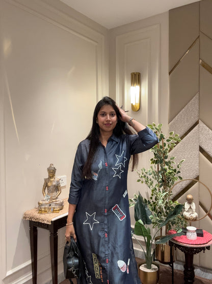 DENIM THREAD EMBROIDERED ALINE DRESS