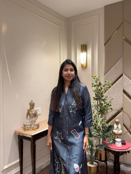 DENIM THREAD EMBROIDERED ALINE DRESS