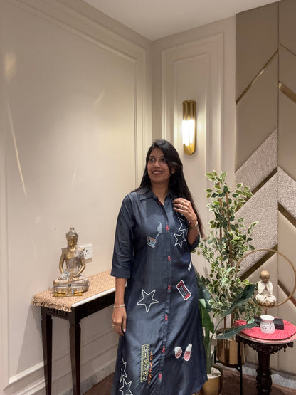 DENIM THREAD EMBROIDERED ALINE DRESS