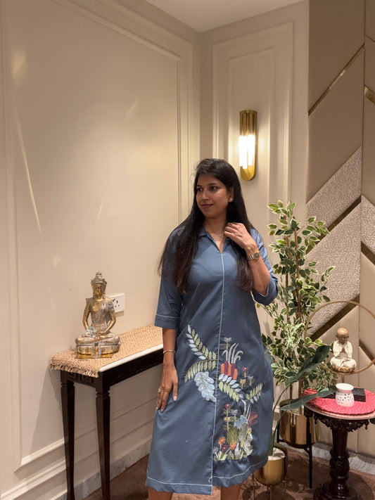 TEAL BLUE EMBROIDERED ALINE DRESS
