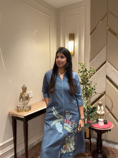 TEAL BLUE EMBROIDERED ALINE DRESS