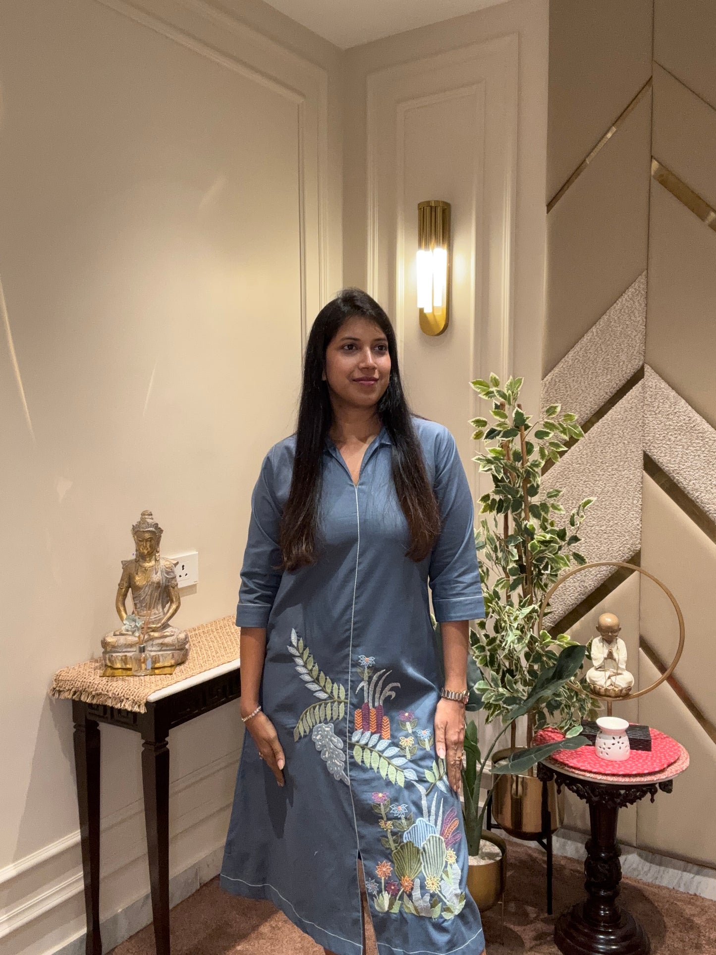 TEAL BLUE EMBROIDERED ALINE DRESS