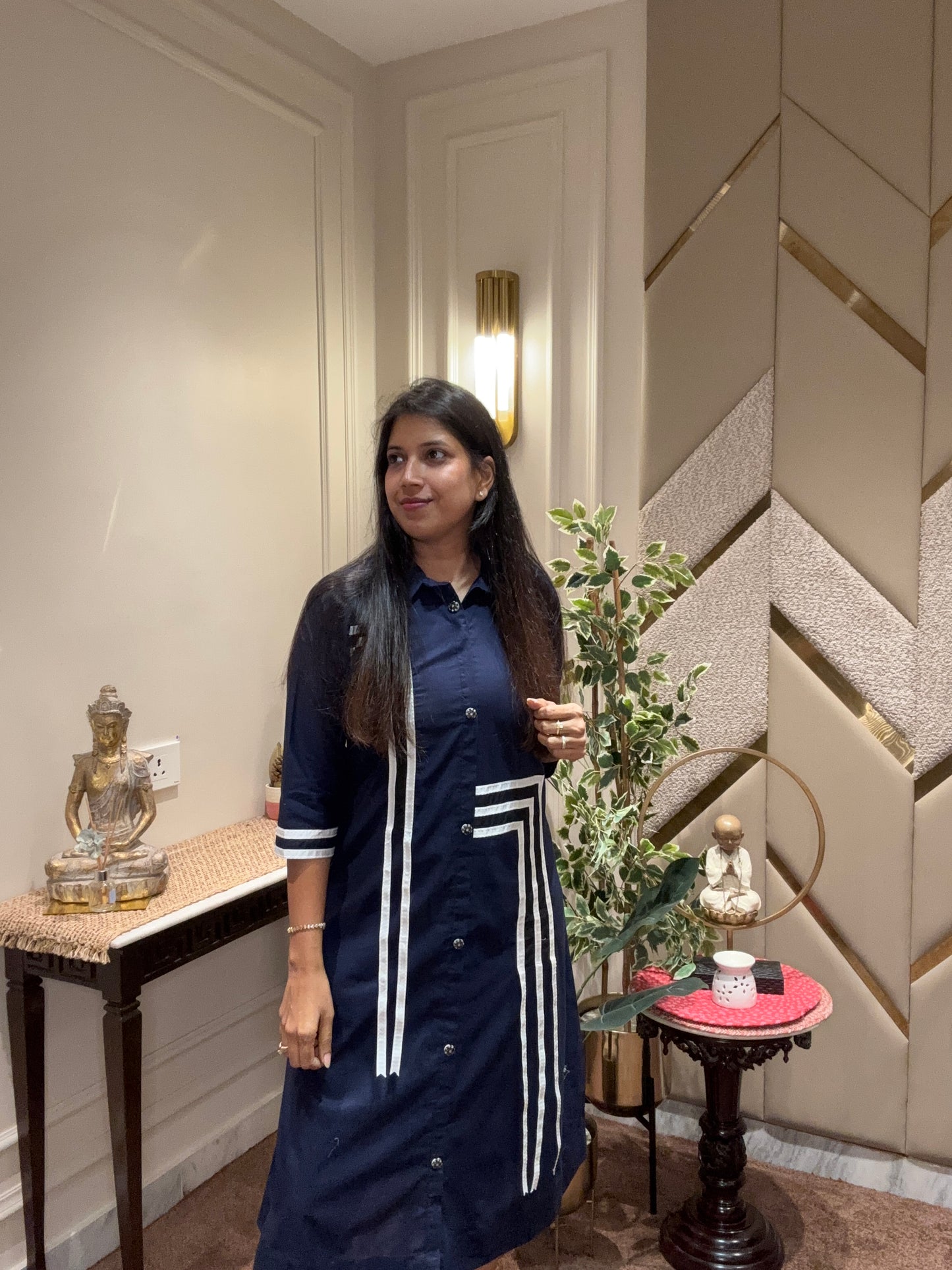 NAVY BLUE PATCHED ALINE DRESS