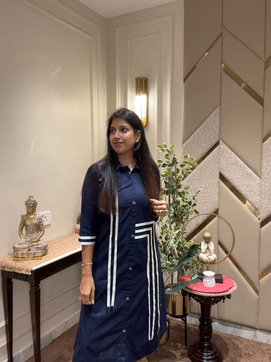 NAVY BLUE PATCHED ALINE DRESS