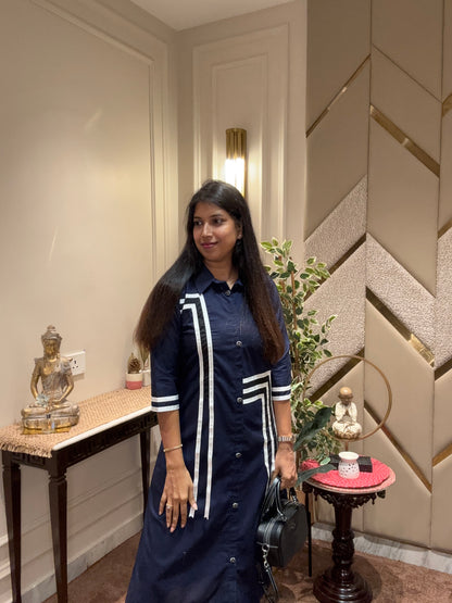 NAVY BLUE PATCHED ALINE DRESS
