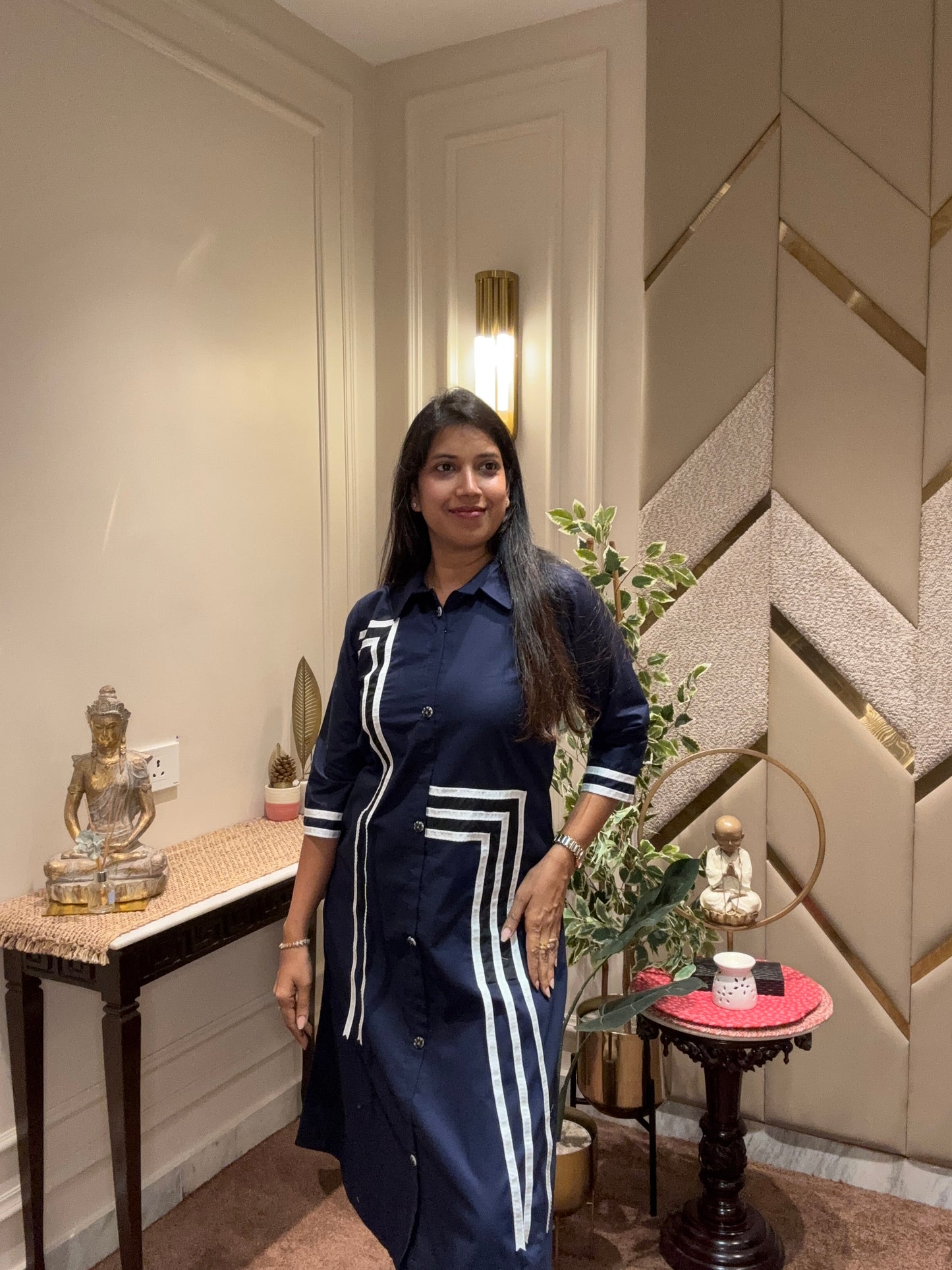 NAVY BLUE PATCHED ALINE DRESS