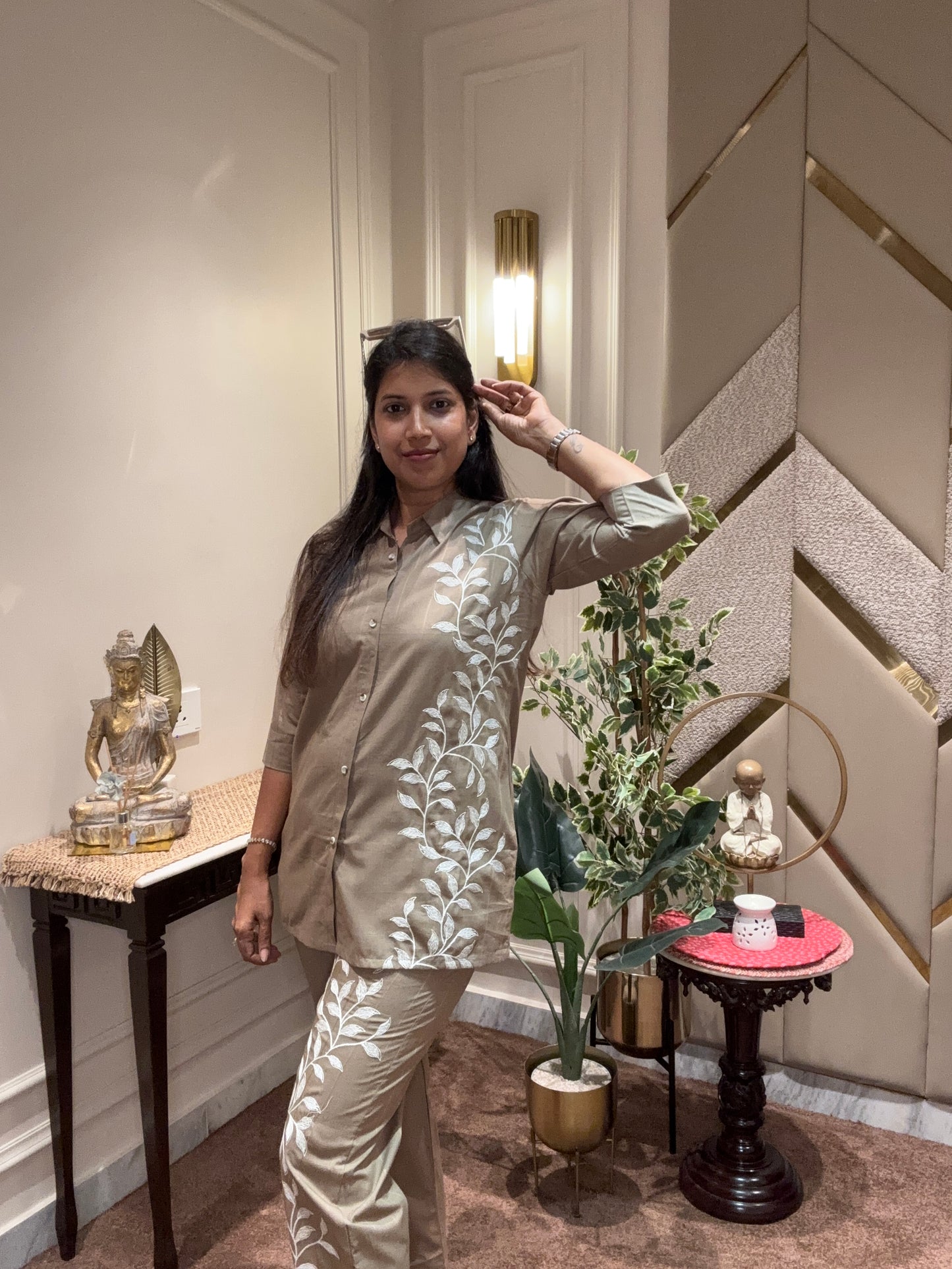 BEIGE THREAD EMBROIDERED COORD SET