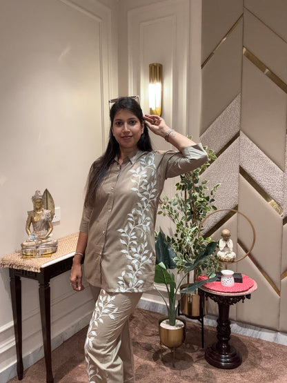 BEIGE THREAD EMBROIDERED COORD SET