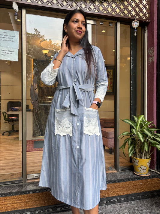 DUSTY BLUE ALINE DRESS WITH NET EMBROIDERY