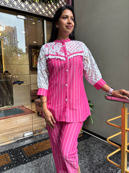 PINK STRIPE LACED COORD SET