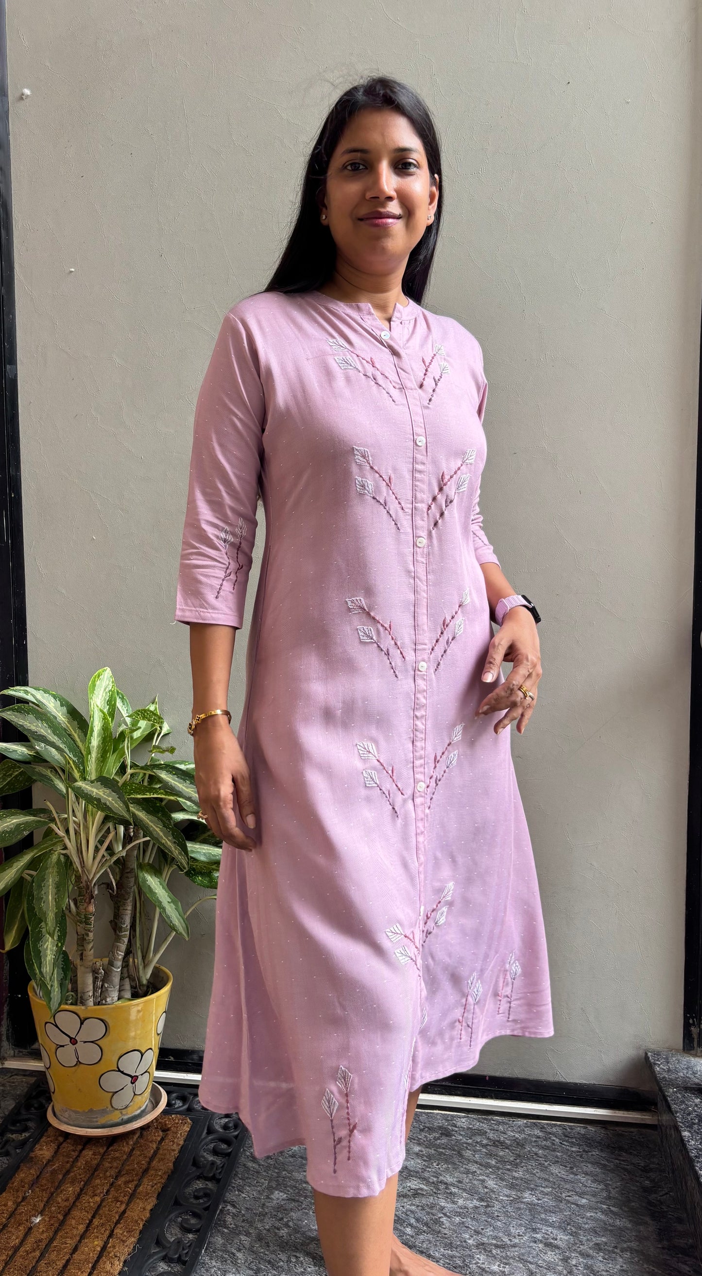 ONION PINK THREAD EMBROIDERED ALINE DRESS