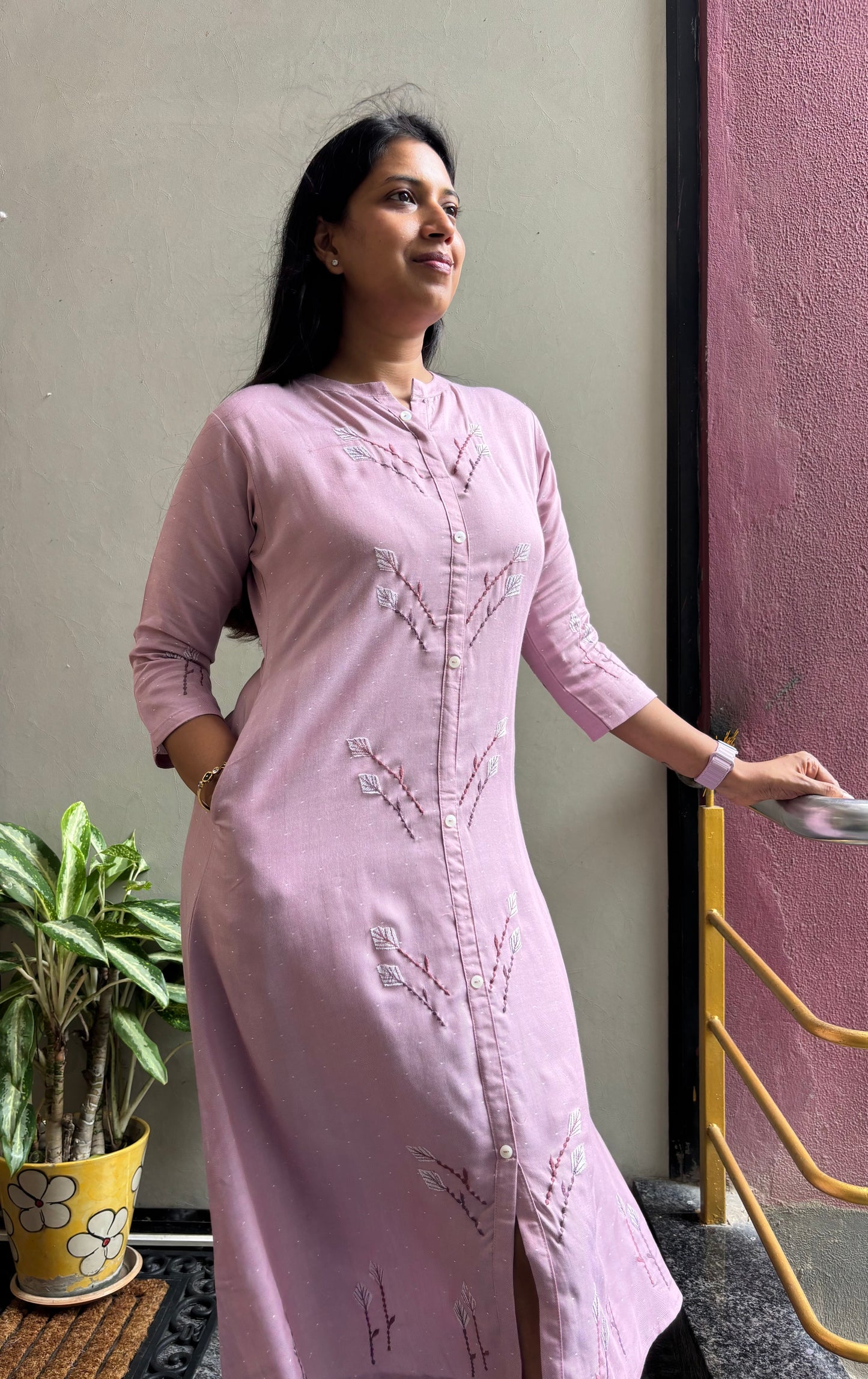 ONION PINK THREAD EMBROIDERED ALINE DRESS