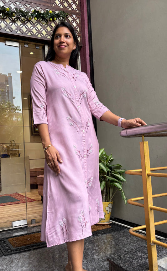 ONION PINK THREAD EMBROIDERED ALINE DRESS
