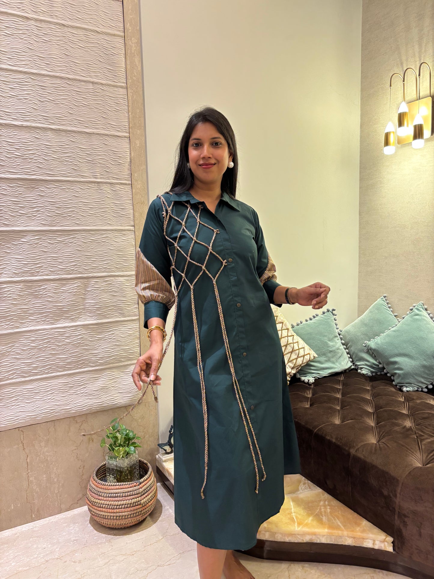 BOTTLE GREEN DORI DETAILING ALINE DRESS