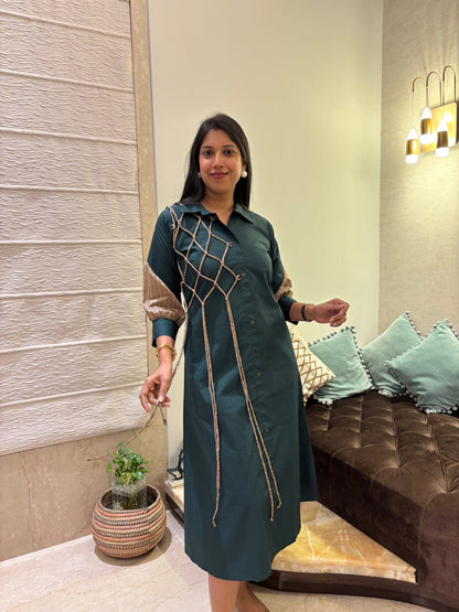 BOTTLE GREEN DORI DETAILING ALINE DRESS