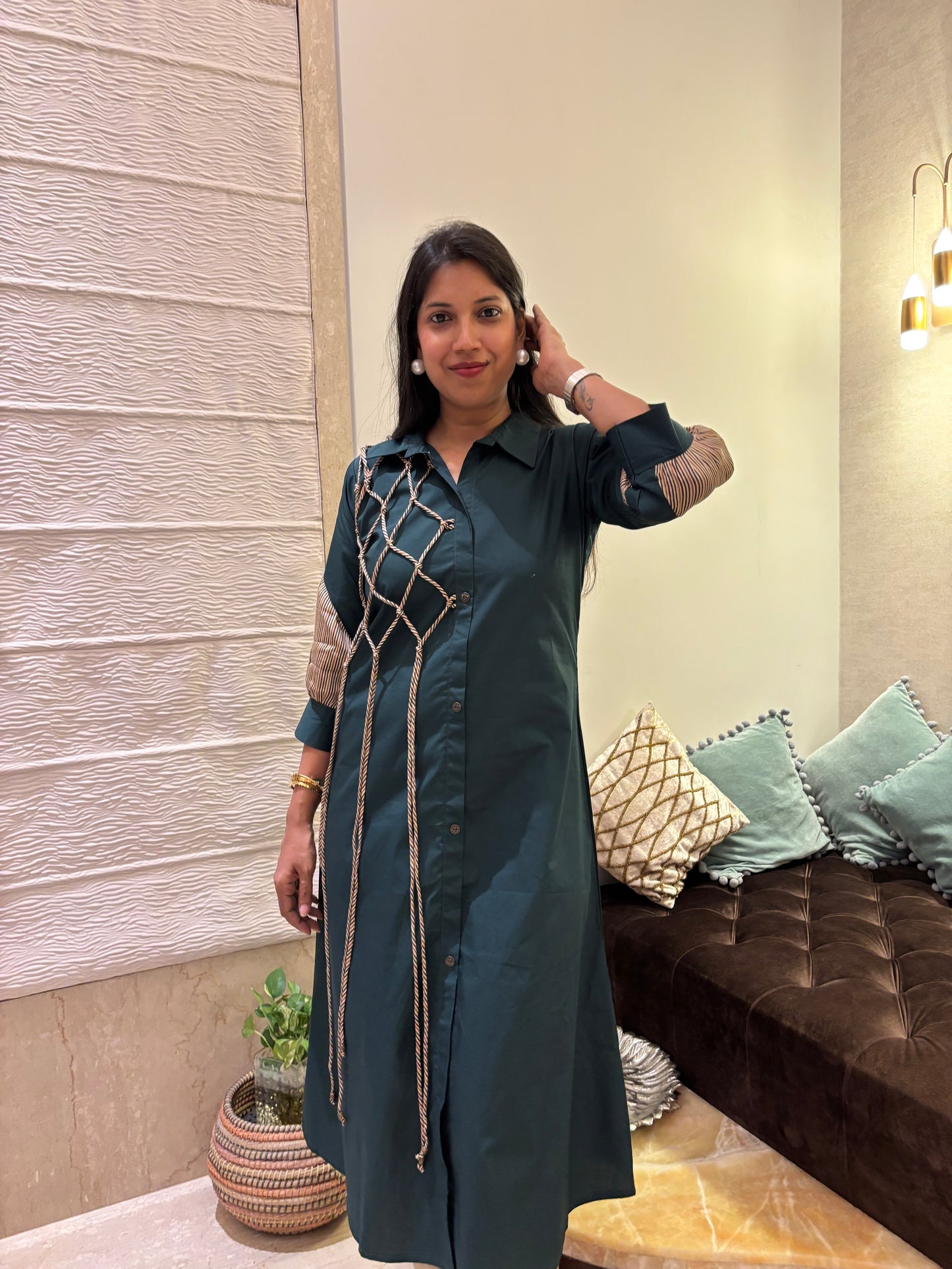 BOTTLE GREEN DORI DETAILING ALINE DRESS