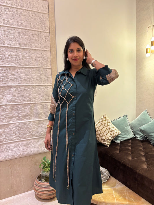 BOTTLE GREEN DORI DETAILING ALINE DRESS