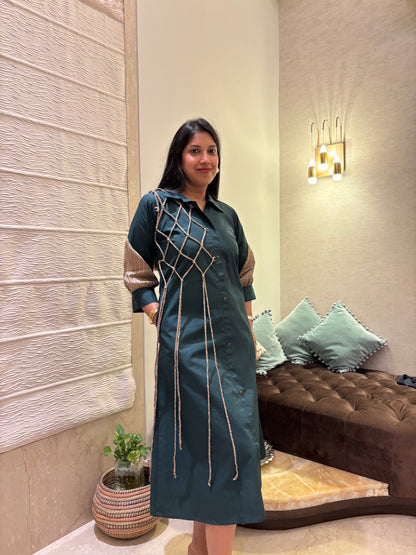 BOTTLE GREEN DORI DETAILING ALINE DRESS