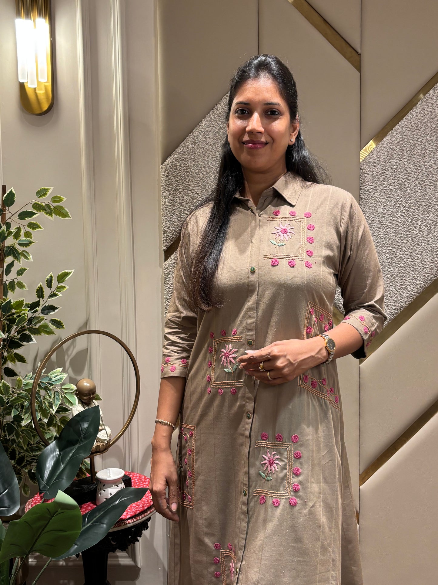 BROWN HAND EMBROIDERED ALINE DRESS