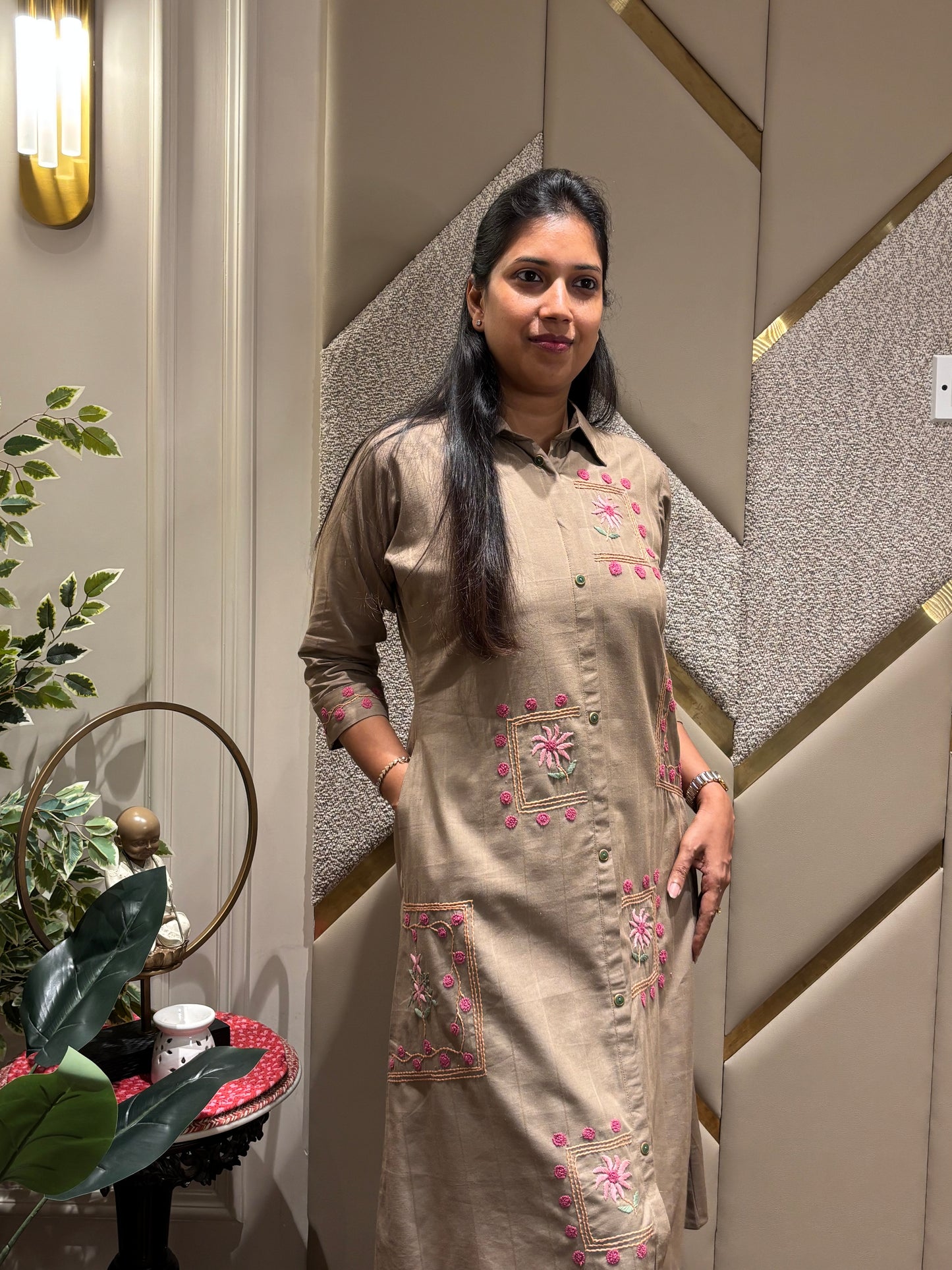 BROWN HAND EMBROIDERED ALINE DRESS