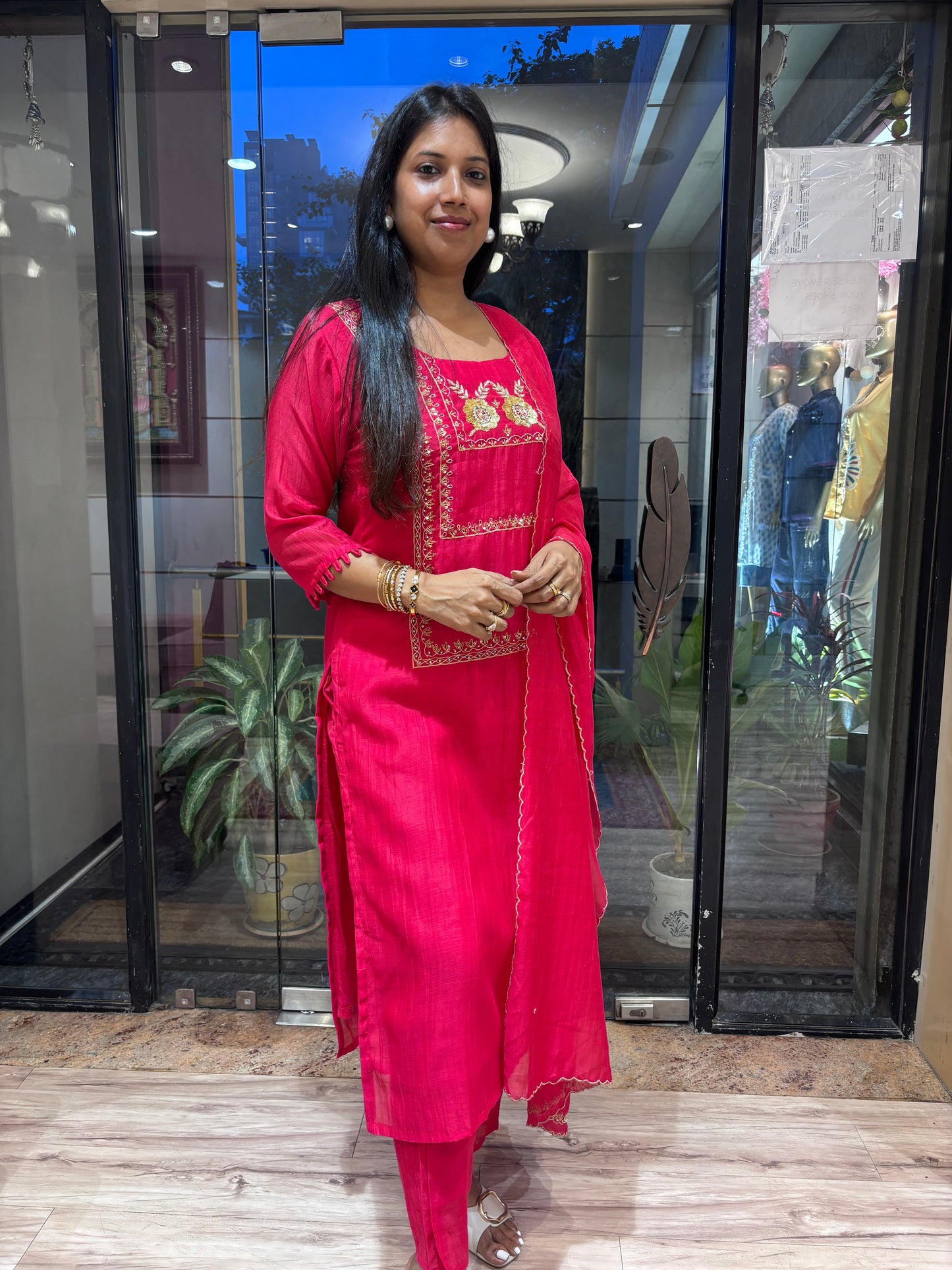 RANI PINK MUL CHANDERI KURTA SET