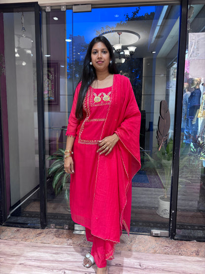 RANI PINK MUL CHANDERI KURTA SET