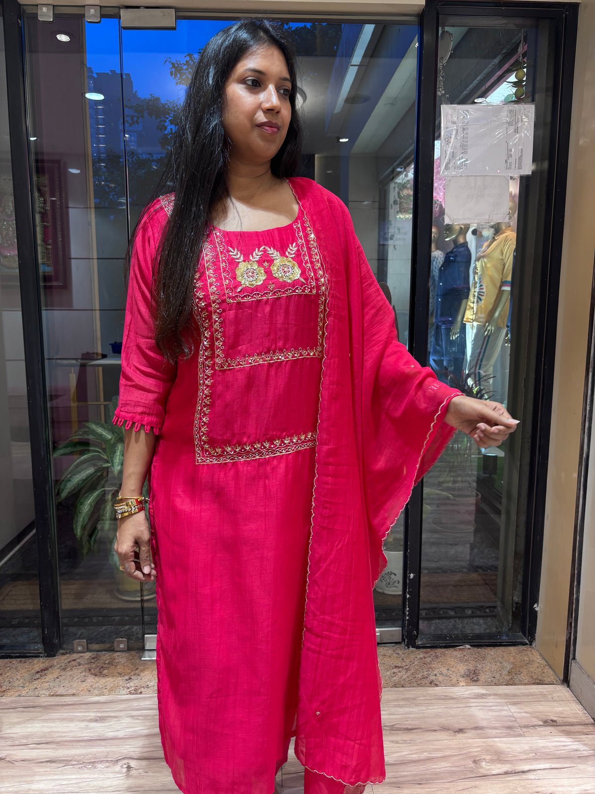 RANI PINK MUL CHANDERI KURTA SET