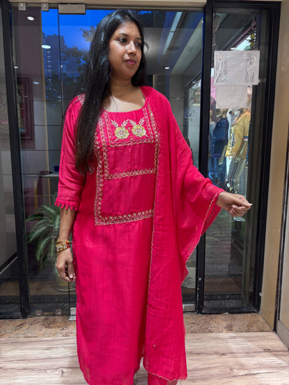 RANI PINK MUL CHANDERI KURTA SET