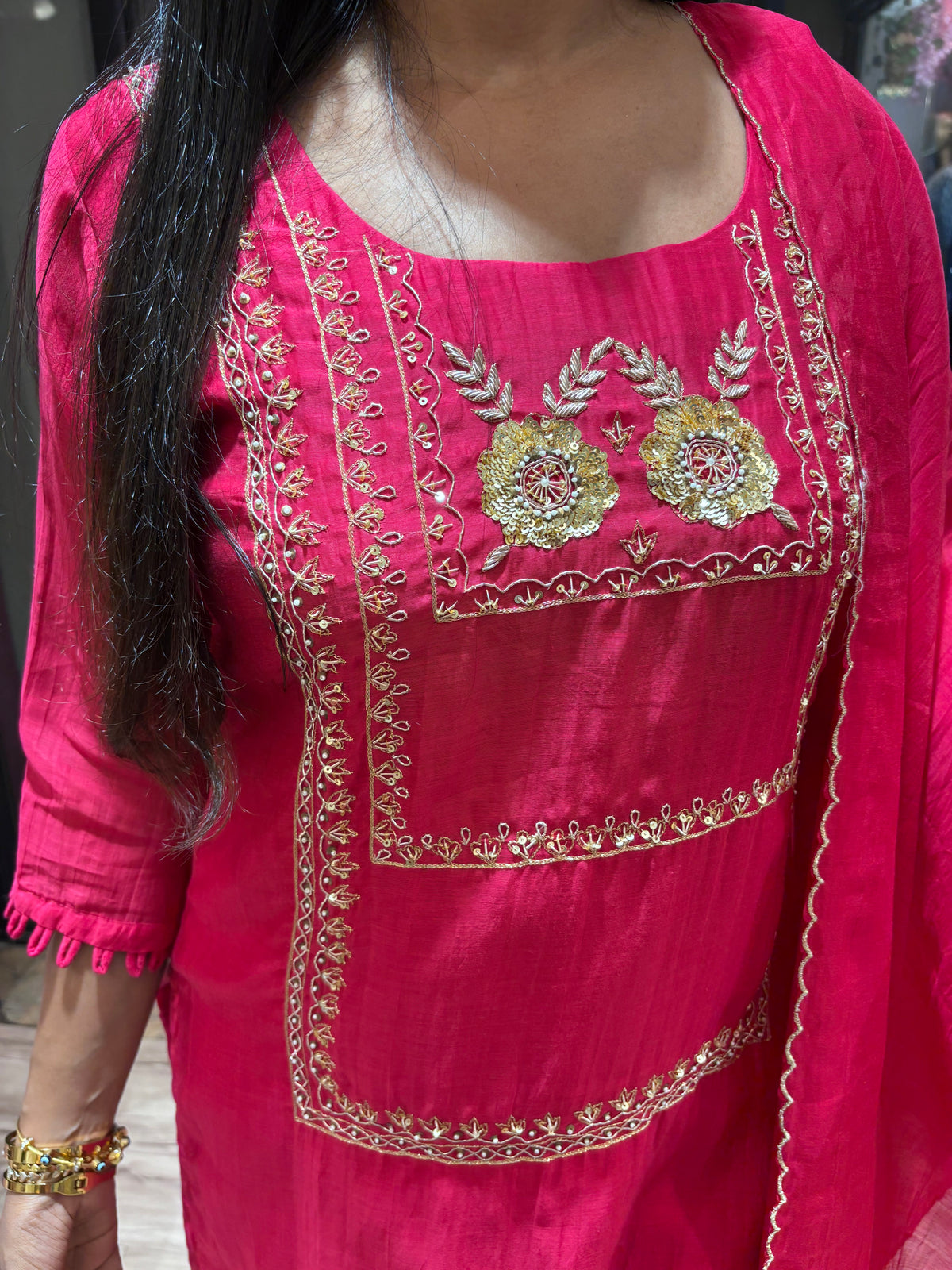 RANI PINK MUL CHANDERI KURTA SET