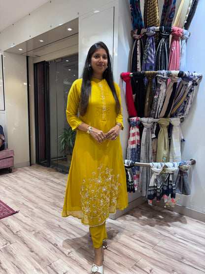 MUSTARD YELLOW BEADS EMBROIDERED KURTA PANT