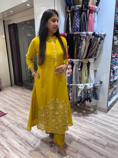 MUSTARD YELLOW BEADS EMBROIDERED KURTA PANT