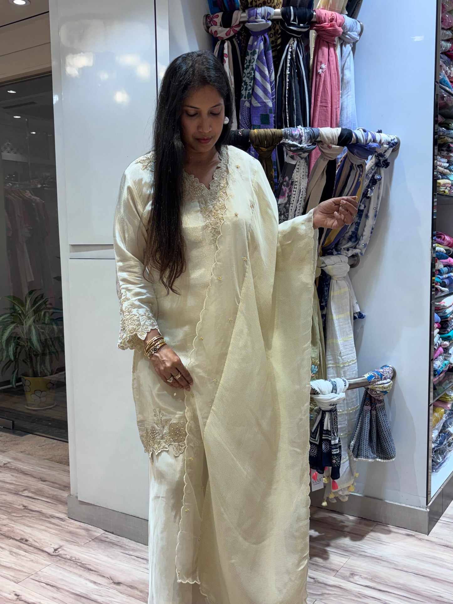 OFF WHITE TISSUE EMBROIDERED KURTA SET