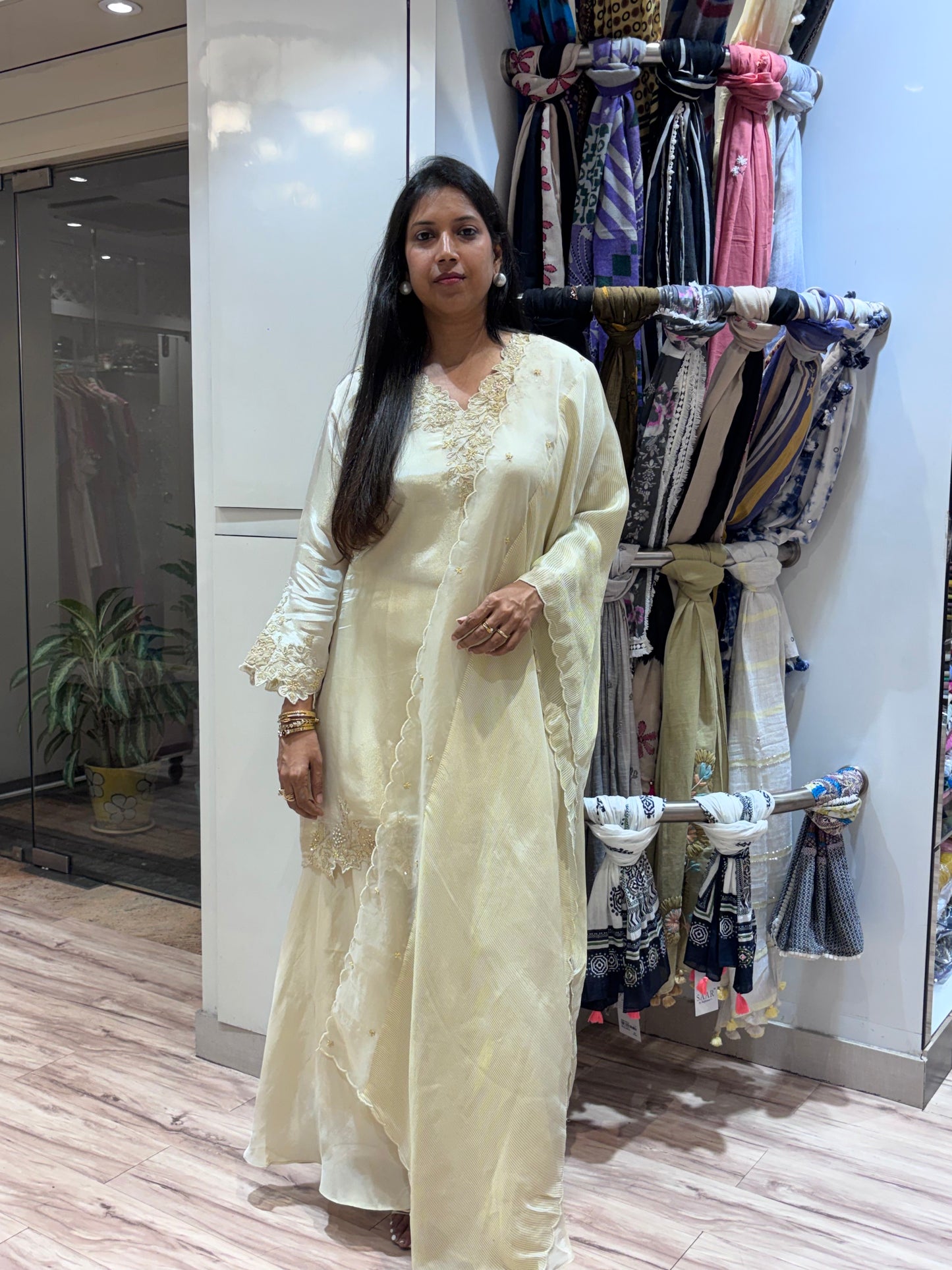 OFF WHITE TISSUE EMBROIDERED KURTA SET