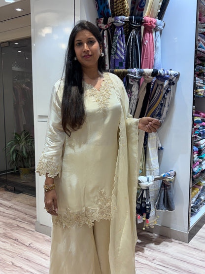 OFF WHITE TISSUE EMBROIDERED KURTA SET