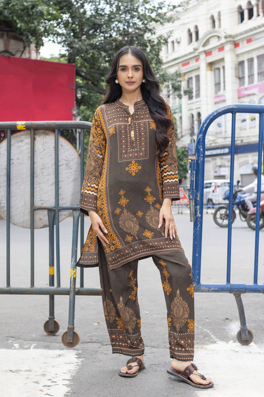 BROWN DIGITAL PRINTED CO-ORD SET