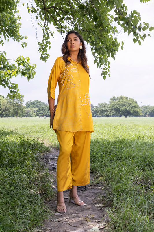 MUSTARD SATIN BEADS CO-ORD SET