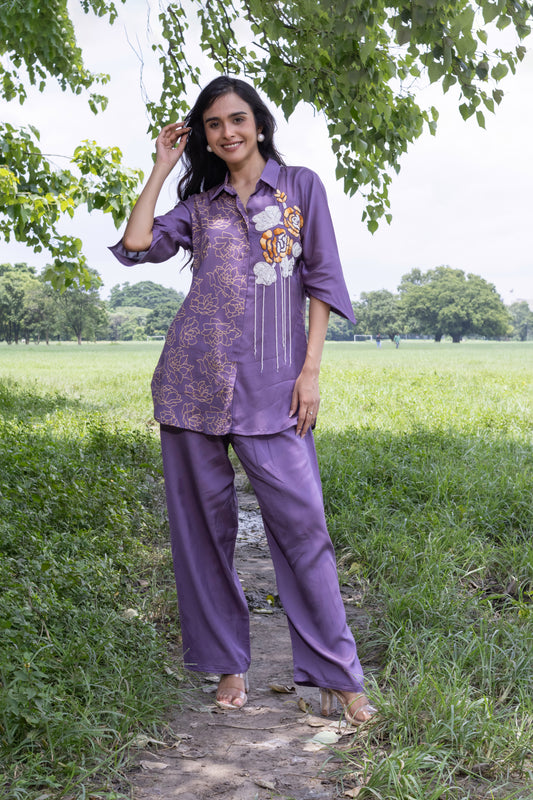 PURPLE SATIN HEAVY EMBROIDERED CO-ORD SET