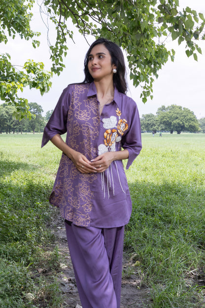 PURPLE SATIN HEAVY EMBROIDERED CO-ORD SET