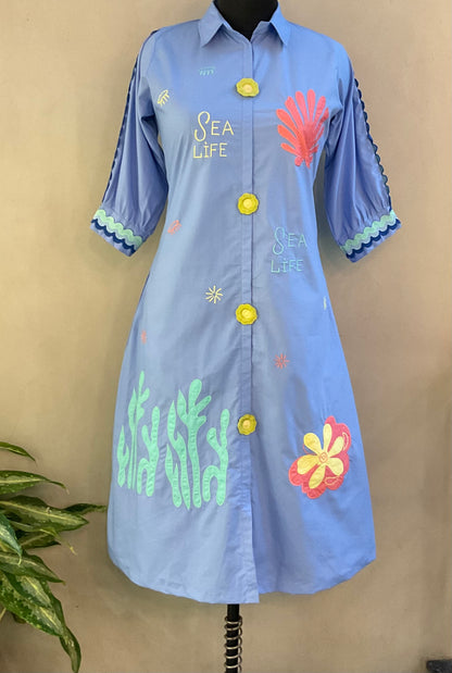 BLUE APPLIQUE ALINE DRESS