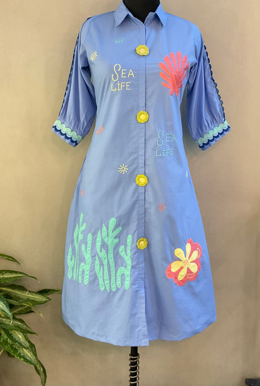 BLUE APPLIQUE ALINE DRESS